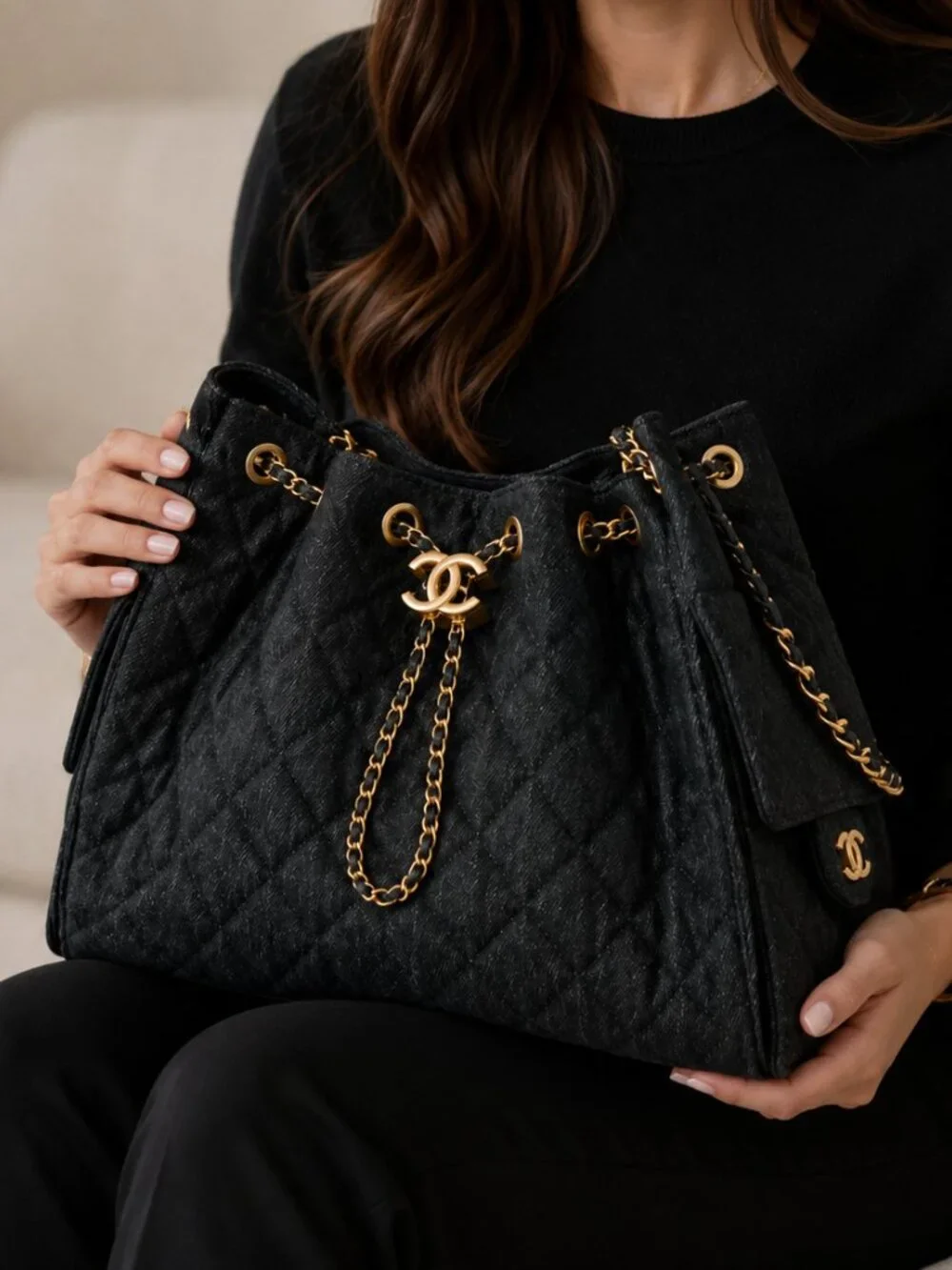 Luxury Quilted Denim Bucket Tote Bag Gold Chain Large Black Shoulder Handbag Set